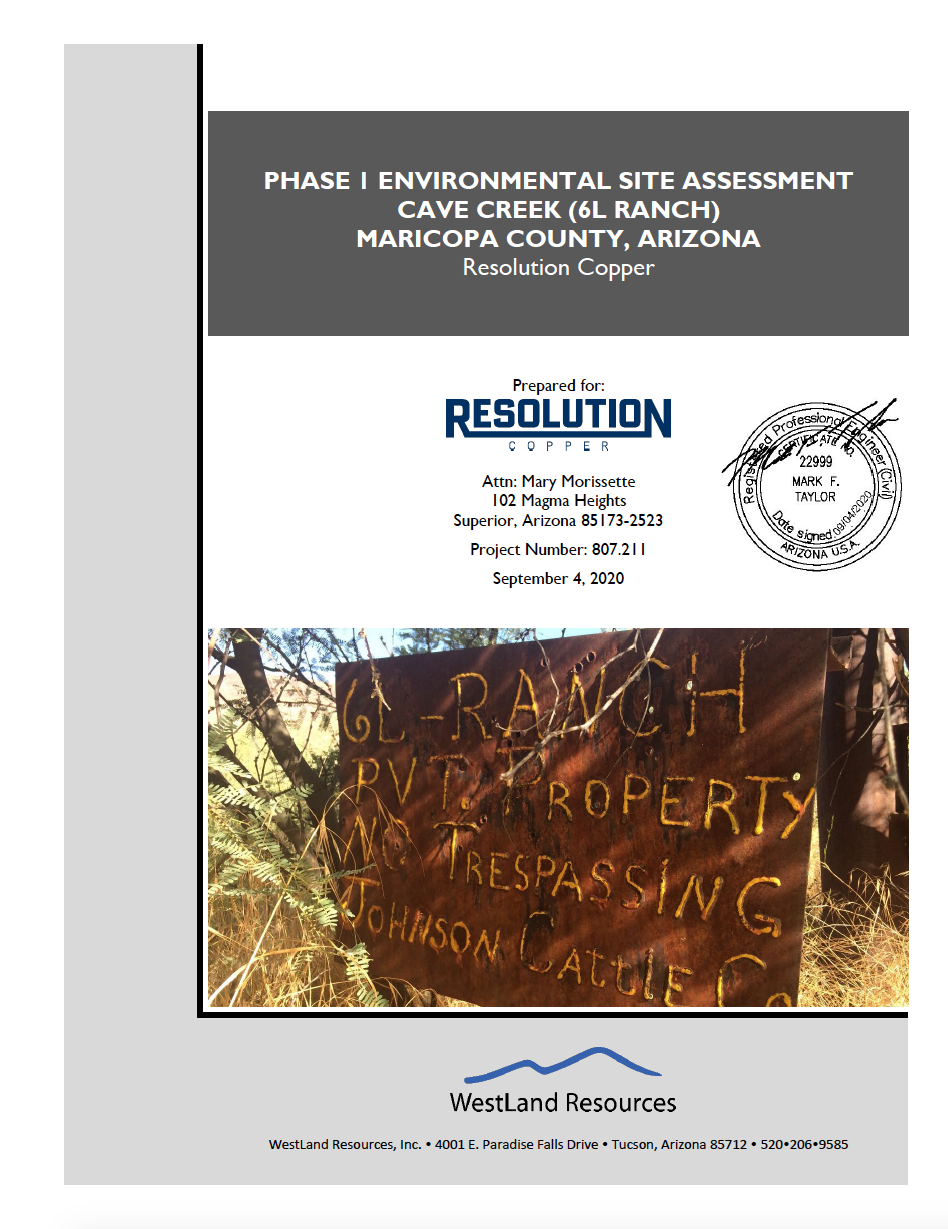 Thumbnail image of document cover: Phase I Environmental Site Assessment Cave Creek (6L Ranch), Maricopa County, Arizona