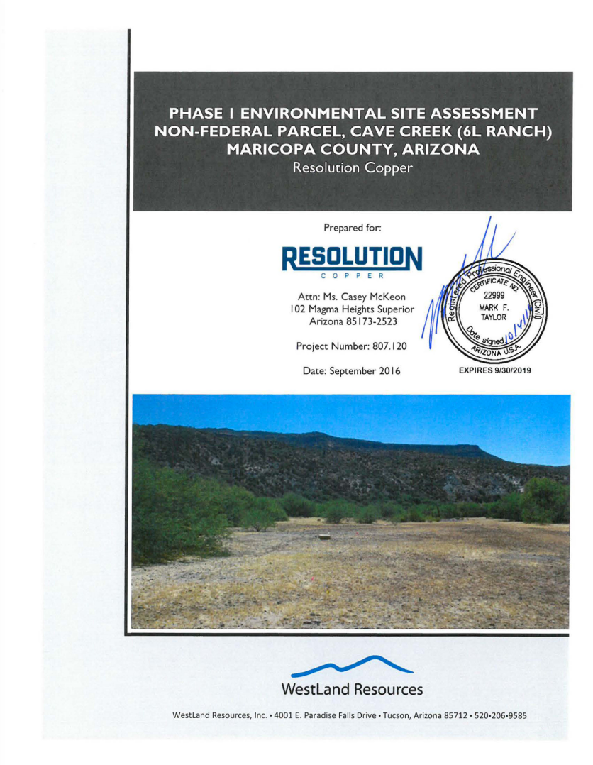 Thumbnail image of document cover: Phase I Environmental Site Assessment Non-Federal Parcel, Cave Creek (6L Ranch), Maricopa County, Arizona