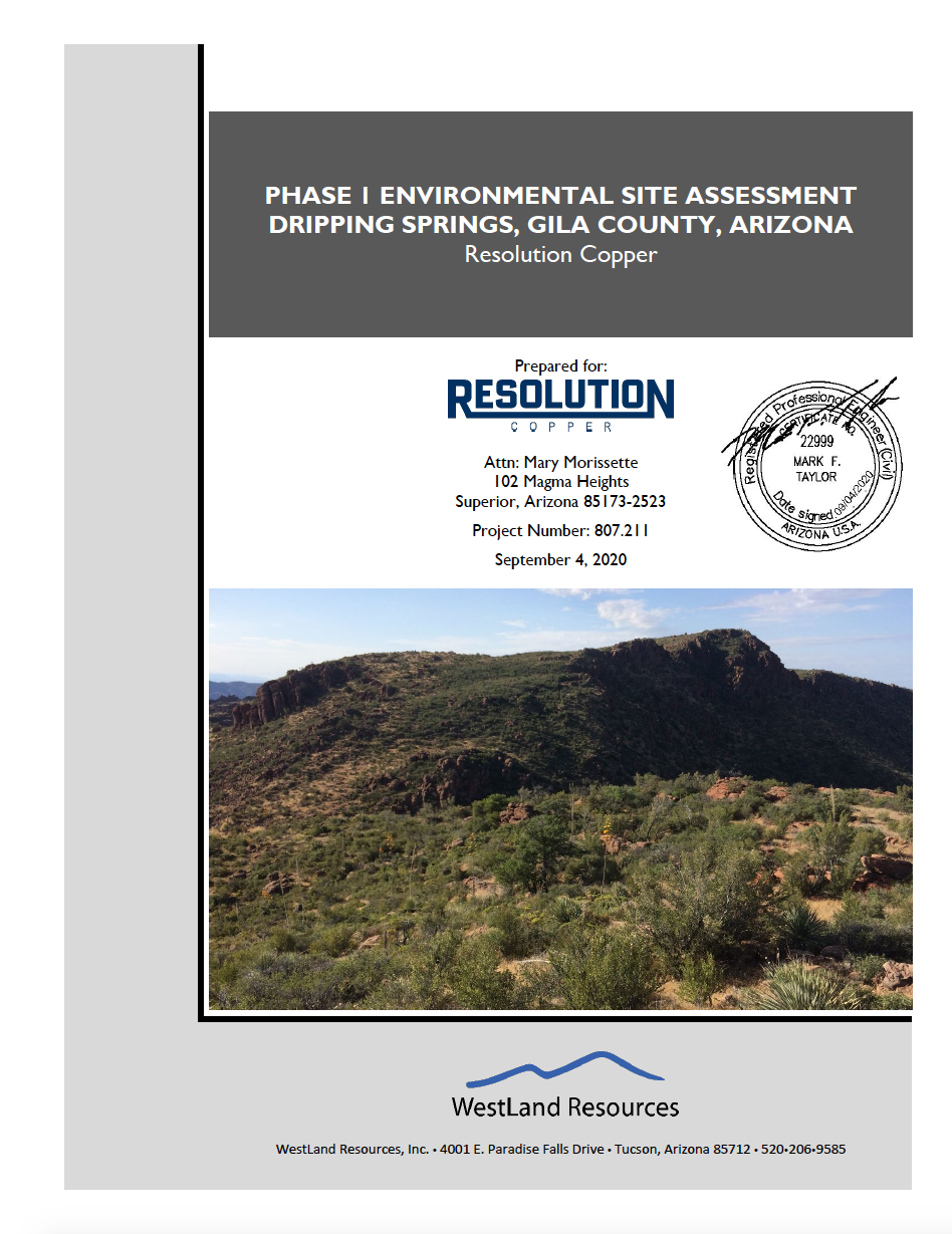 Thumbnail image of document cover: Phase I Environmental Site Assessment, Dripping Springs, Gila County, Arizona