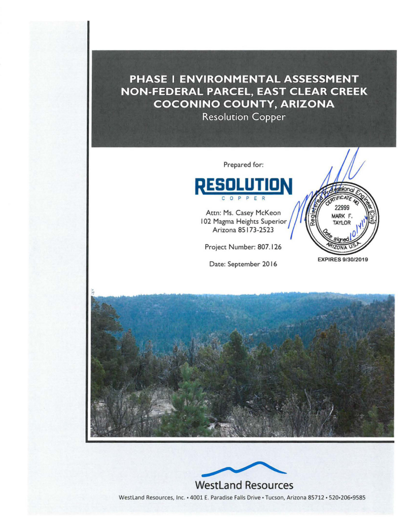 Thumbnail image of document cover: Phase I Environmental Site Assessment Non-Federal Parcel, East Clear Creek, Coconino County, Arizona