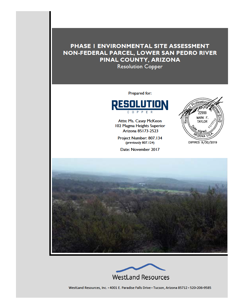 Thumbnail image of document cover: Phase I Environmental Site Assessment, Non-Federal Parcel, Lower San Pedro River, Pinal County, Arizona