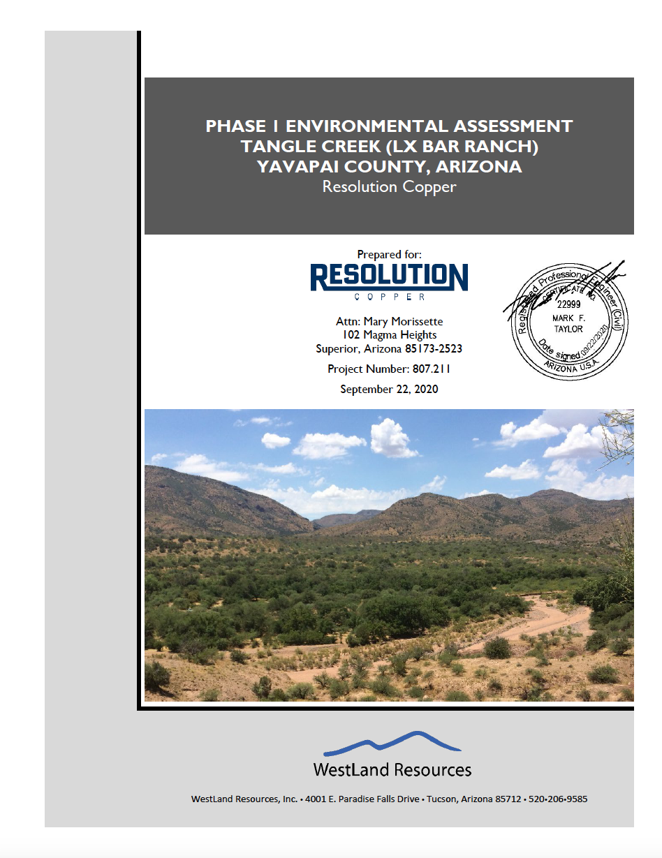 Thumbnail image of document cover: Phase I Environmental Site Assessment, Tangle Creek (LX Bar Ranch), Yavapai County, Arizona