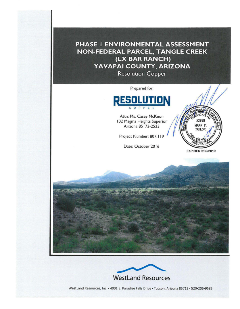 Thumbnail image of document cover: Phase I Environmental Site Assessment Non-Federal Parcel, Tangle Creek (LX Bar Ranch), Yavapai County, Arizona