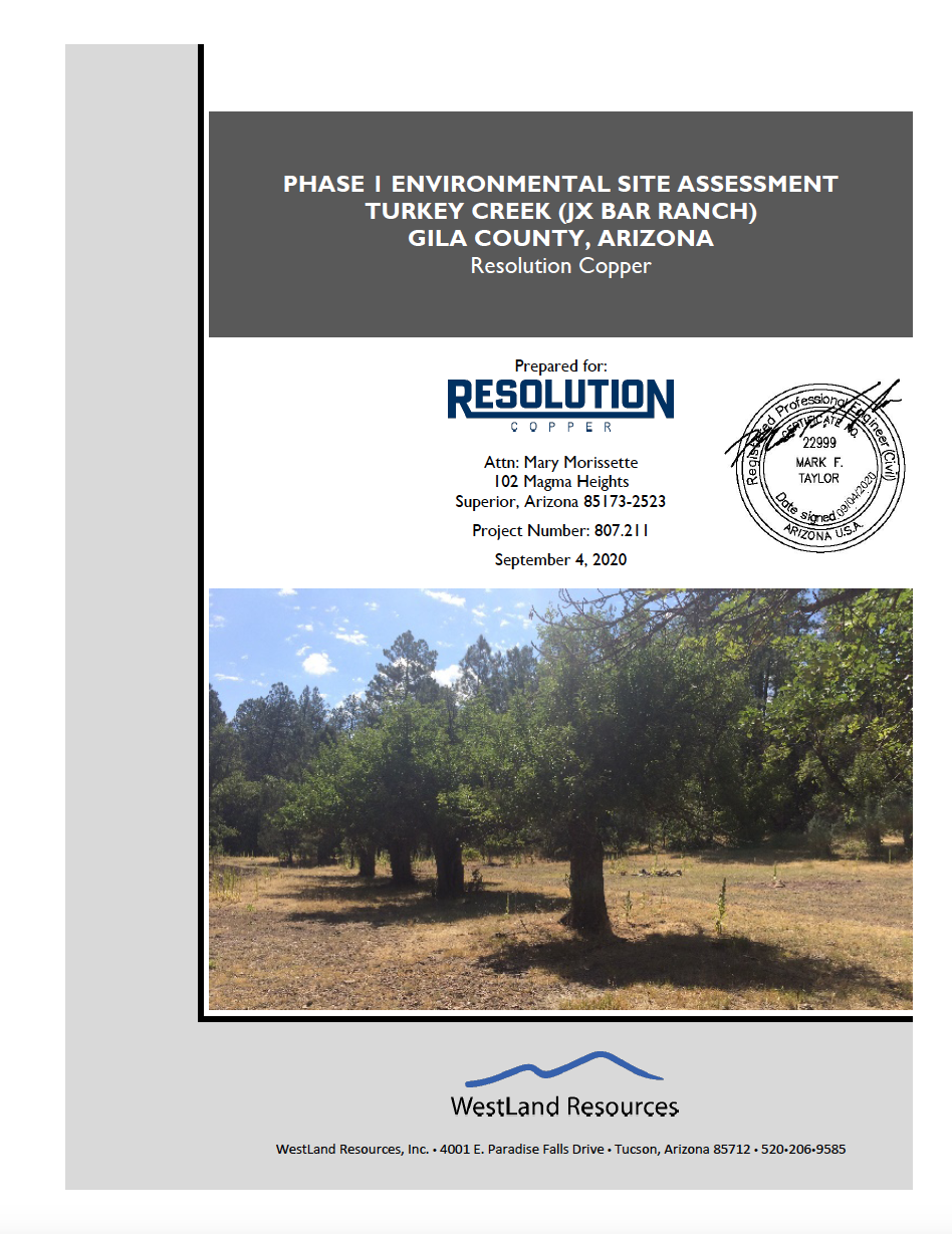 Thumbnail image of document cover: Phase I Environmental Site Assessment, Turkey Creek (JX Bar Ranch), Gila County, Arizona