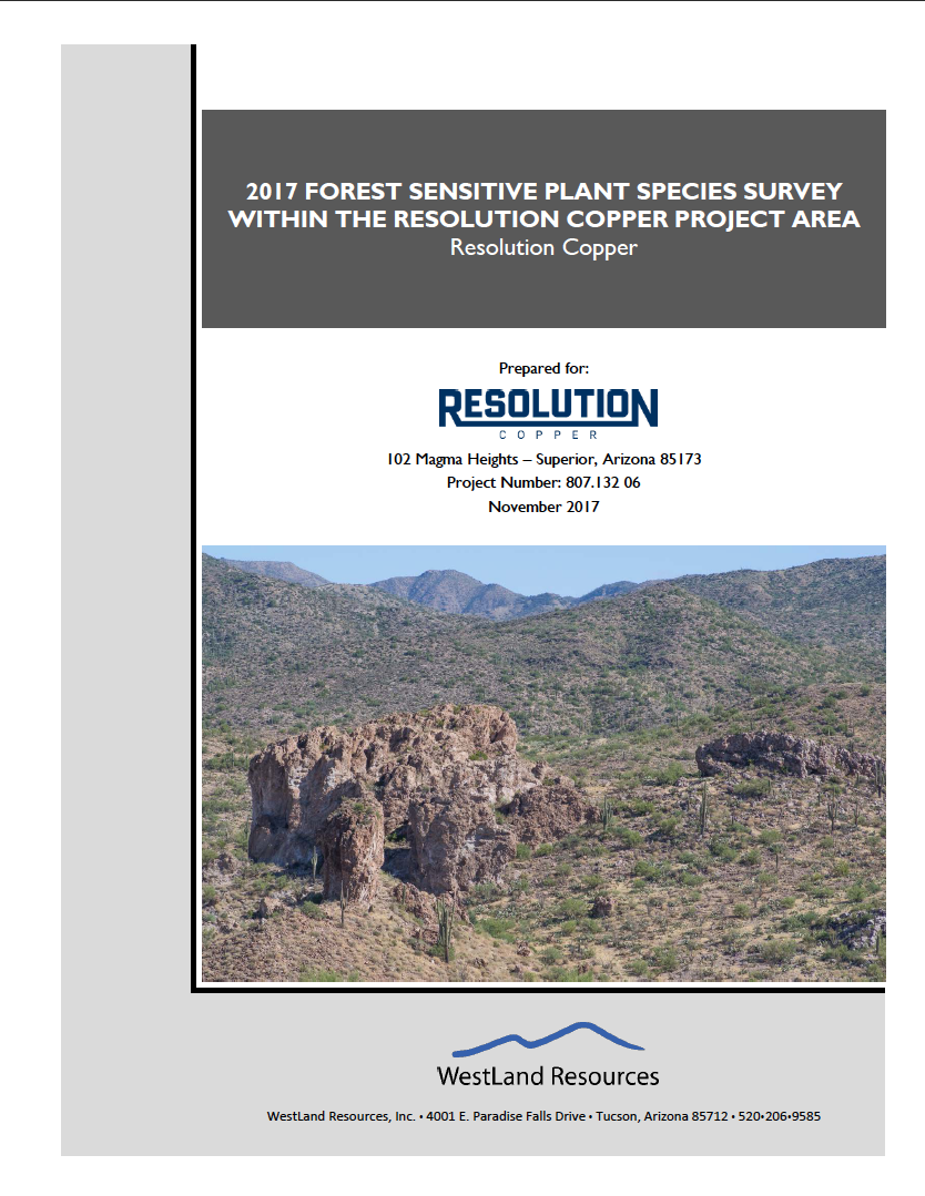 Thumbnail image of document cover: 2017 Forest Sensitive Plant Species Survey Within the Resolution Copper Project Area