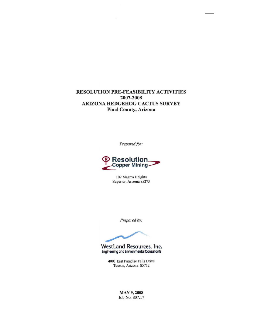 Thumbnail image of document cover: Resolution Pre-Feasibility Activities 2007-2008, Arizona Hedgehog Cactus Survey, Pinal County, Arizona