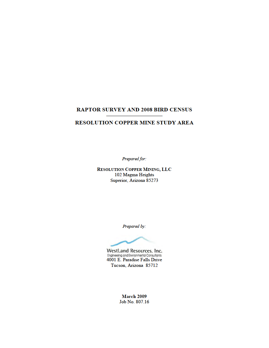 Thumbnail image of document cover: Raptor Survey and 2008 Bird Census: Resolution Copper Mine Study Area