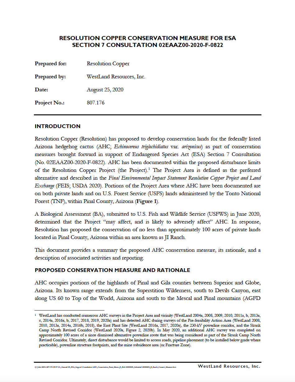 Thumbnail image of document cover: Resolution Copper Conservation Measure for ESA Section 7 Consultation 02EAAZ00-2020-F-0822