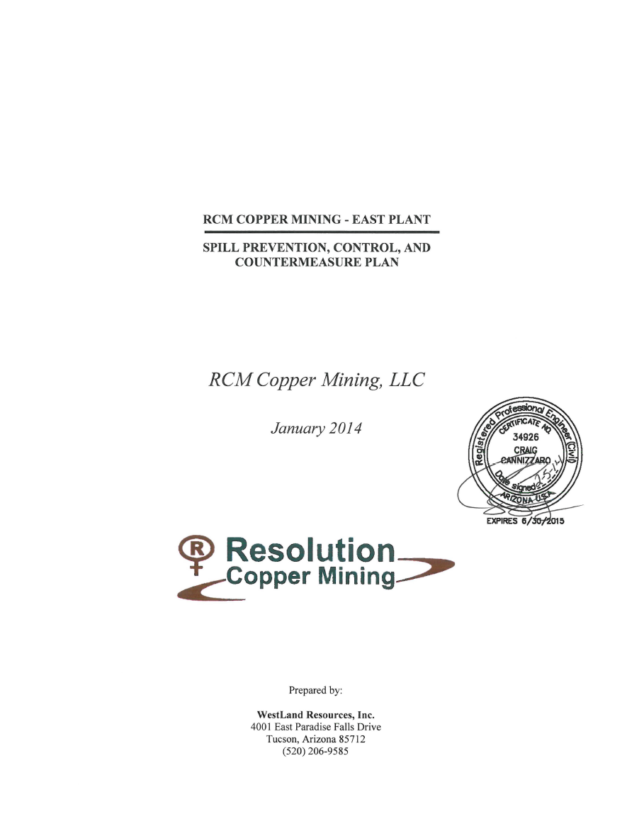 Thumbnail image of document cover: RCM Copper Mining - East Plant: Spill Prevention, Control, and Countermeasure Plan