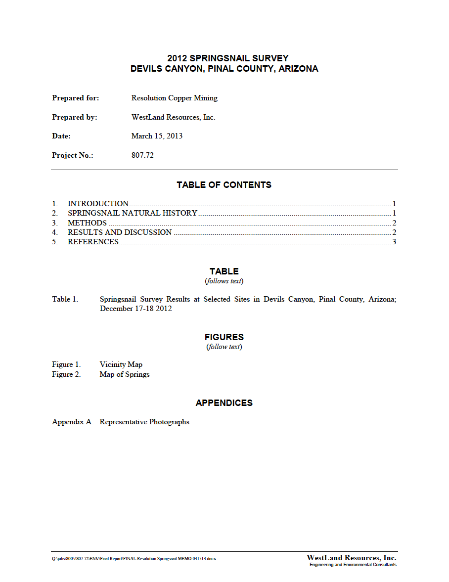 Thumbnail image of document cover: 2012 Springsnail Survey Devils Canyon, Pinal County, Arizona