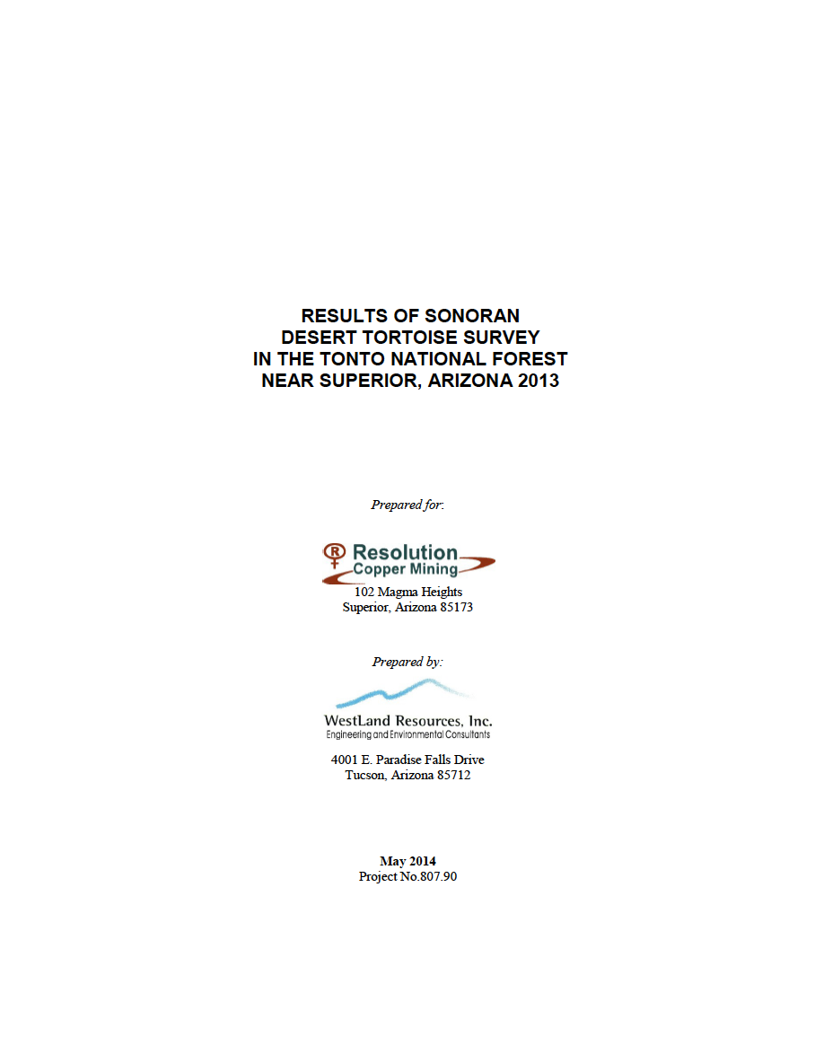 Thumbnail image of document cover: Results of Sonoran Desert Tortoise Survey in the Tonto National Forest, Near Superior, Arizona 2013