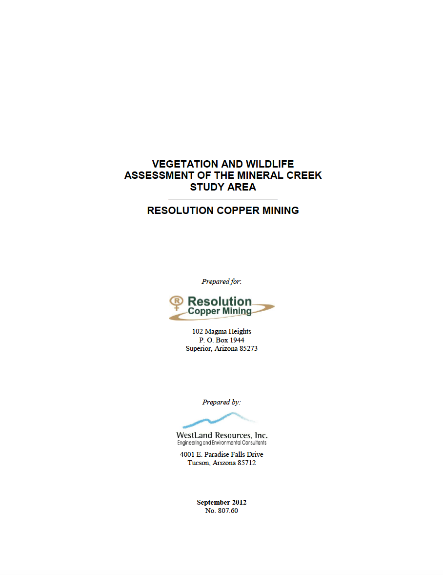 Thumbnail image of document cover: Vegetation and Wildlife Assessment of the Mineral Creek Study Area