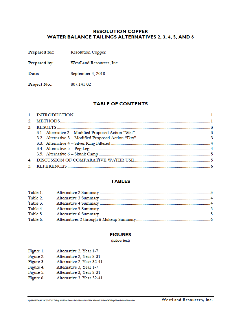 Thumbnail image of document cover: Resolution Copper Water Balance Tailings Alternatives 2, 3, 4, 5, and 6