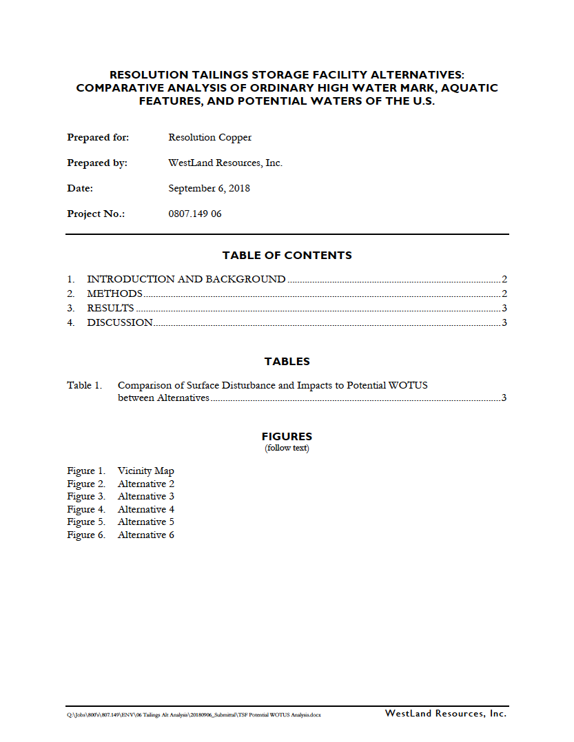 Thumbnail image of document cover: Resolution Tailings Storage Facility Alternatives: Comparative Analysis of Ordinary High Water Mark, Aquatic Features, and Potential Waters of the U.S.