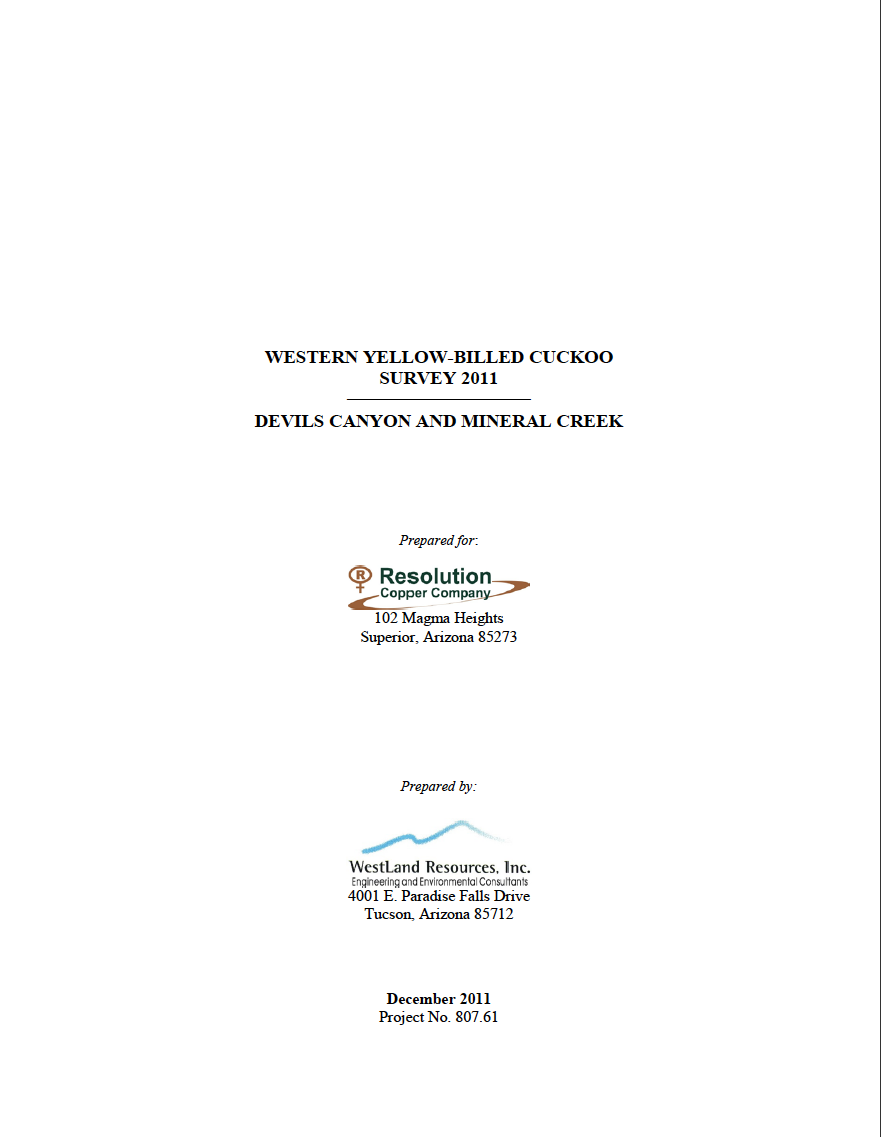 Thumbnail image of document cover: Western Yellow-billed Cuckoo Survey 2011: Devils Canyon and Mineral Creek