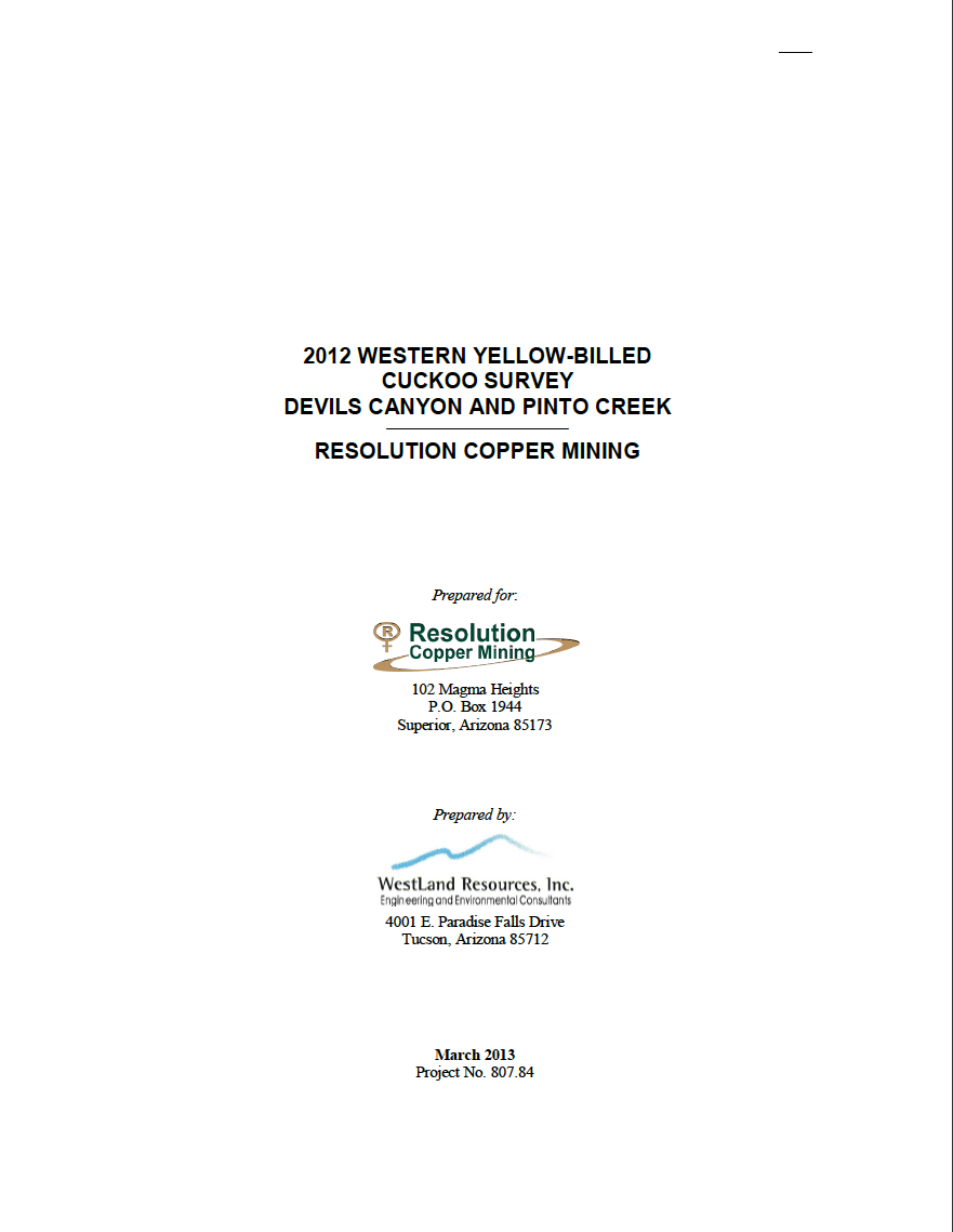 Thumbnail image of document cover: 2012 Western Yellow-Billed Cuckoo Survey, Devils Canyon and Pinto Creek: Resolution Copper Mining