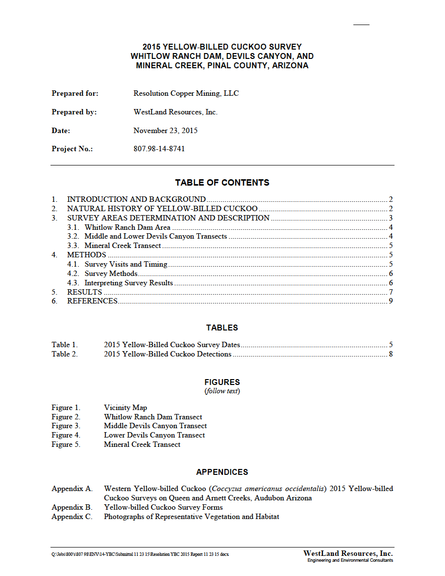 Thumbnail image of document cover: 2015 Yellow-billed Cuckoo Survey Whitlow Ranch Dam, Devils Canyon, and Mineral Creek, Pinal County, Arizona