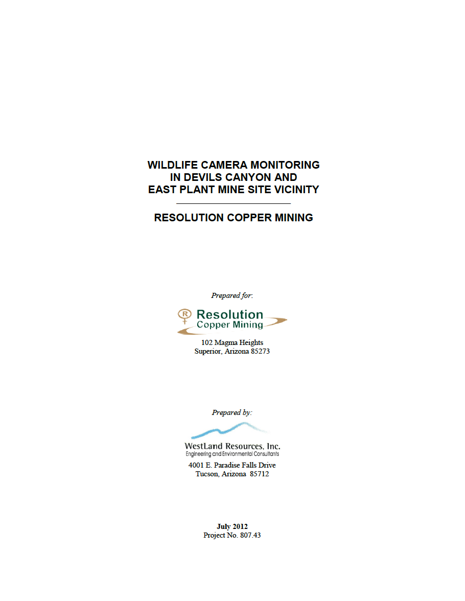 Thumbnail image of document cover: Wildlife Camera Monitoring in Devils Canyon and East Plant Mine Site Vicinity