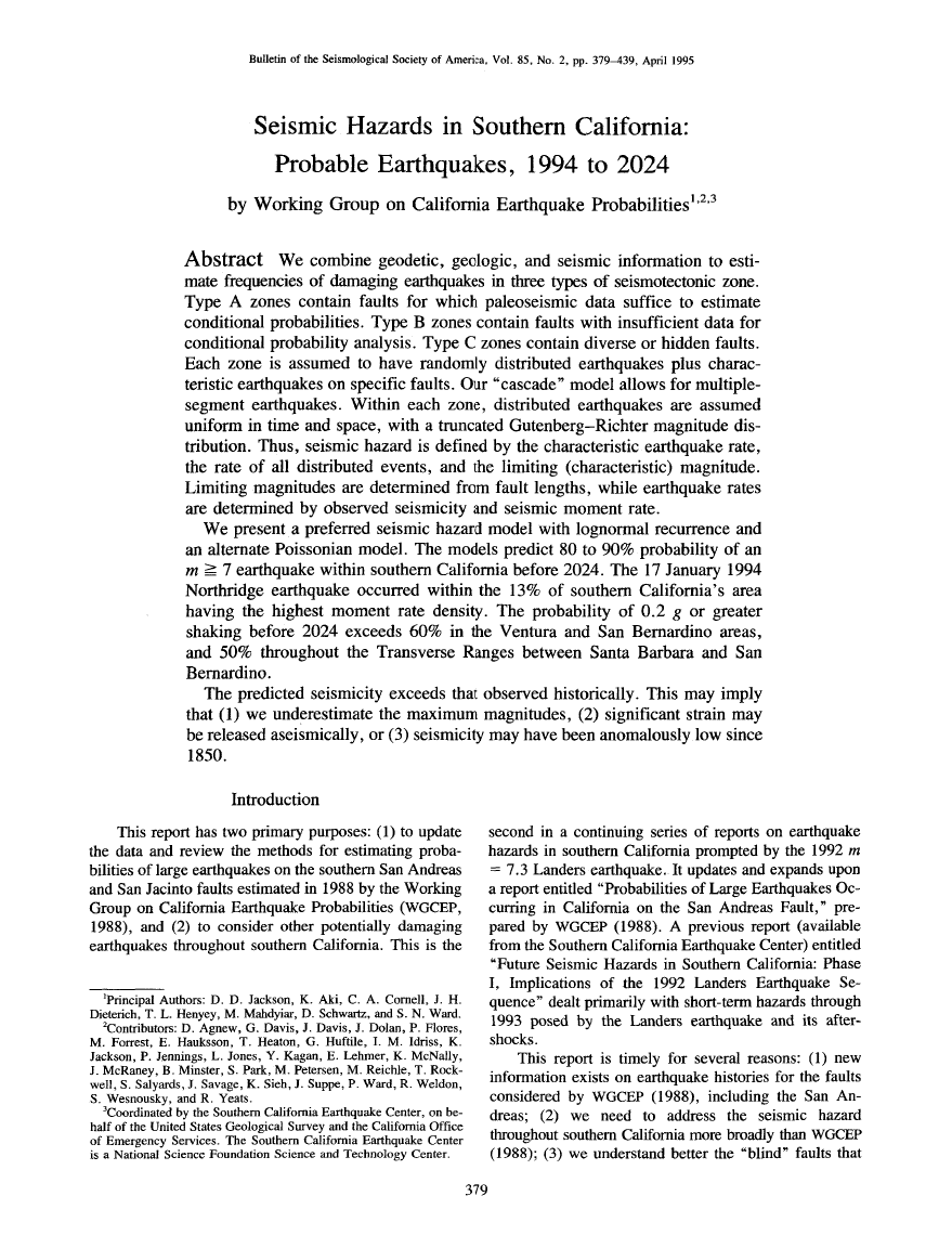 Thumbnail image of document cover: Seismic Hazards in Southern Califomia: Probable Earthquakes, 1994 to 2024