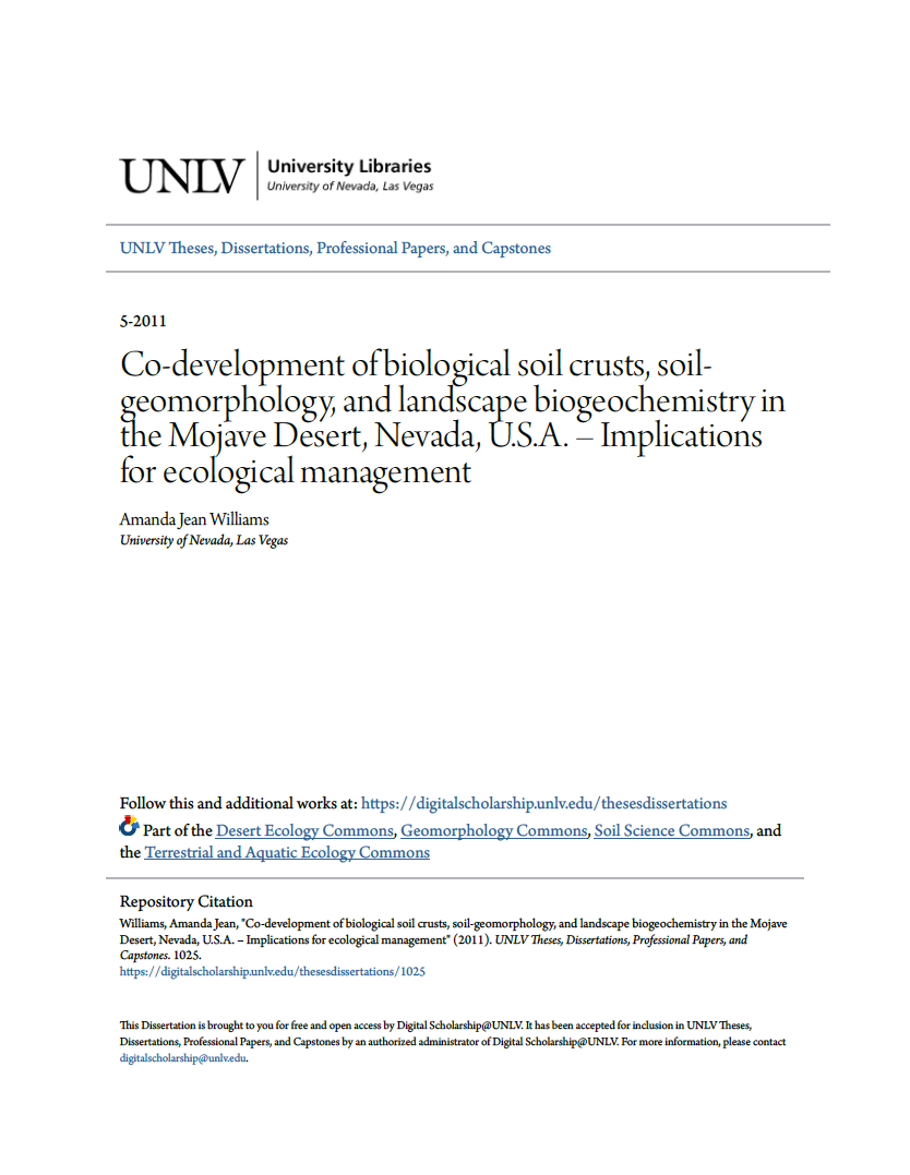 Thumbnail image of document cover: Co-development of Biological Soil Crusts, Soil-geomorphology, and Landscape Biogeochemistry in the Mojave Desert, Nevada, U.S.A. - Implications for Ecological Management