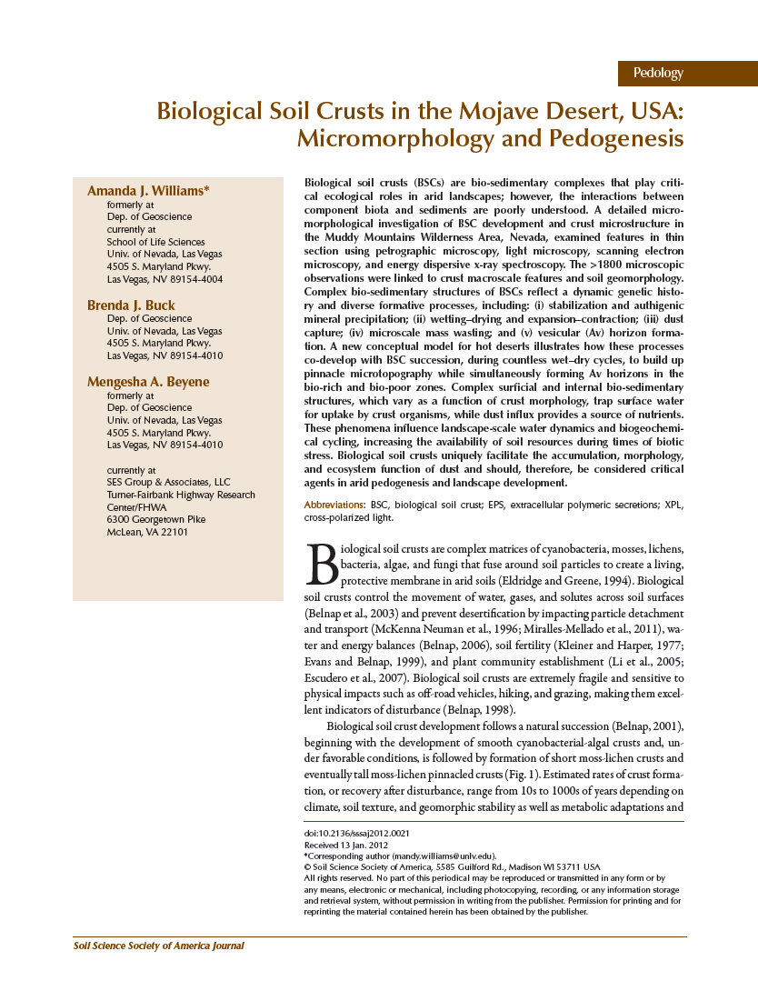 Thumbnail image of document cover: Biological Soil Crusts in the Mojave Desert, USA: Micromorphology and Pedogenesis