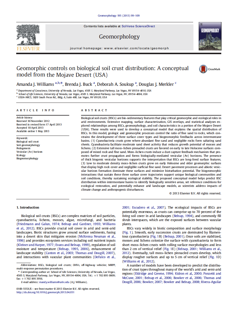 Thumbnail image of document cover: Geomorphic Controls on Biological Soil Crust Distribution: A Conceptual Model from the Mojave Desert (USA)