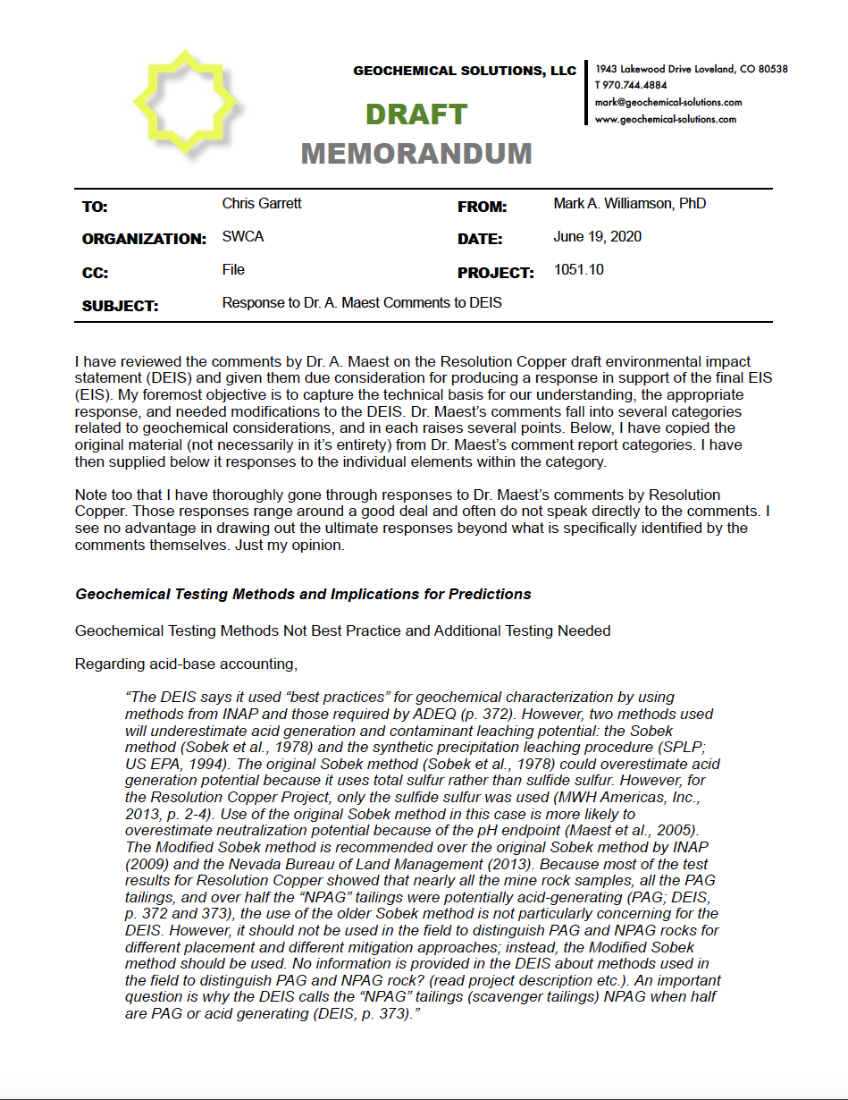 Thumbnail image of document cover: Response to Dr. A. Maest Comments to DEIS - Draft