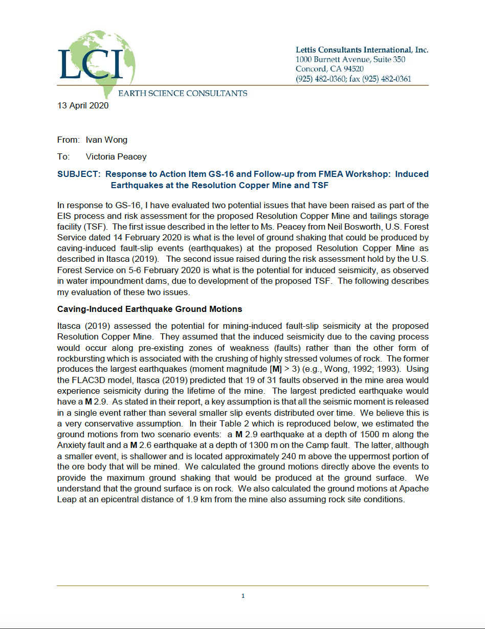 Thumbnail image of document cover: Response to Action Item GS-16 and Follow-up from FMEA Workshop: Induced Earthquakes at the Resolution Copper Mine and TSF