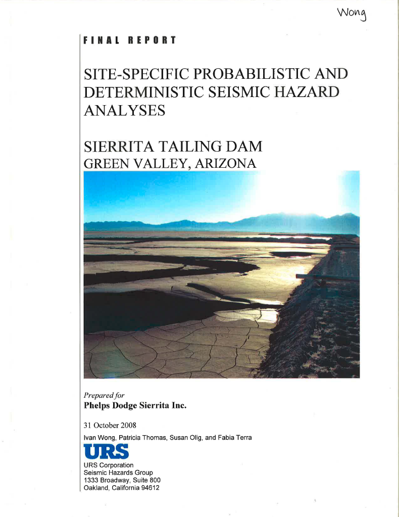 Thumbnail image of document cover: Site-Specific Probabilistic and Deterministic Seismic Hazard Analyses for Sierrita Tailing Dam, Green Valley, Arizona