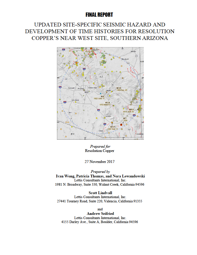 Thumbnail image of document cover: Updated Site-Specific Seismic Hazard and Development of Time Histories for Resolution Copper's Near West Site, Southern Arizona