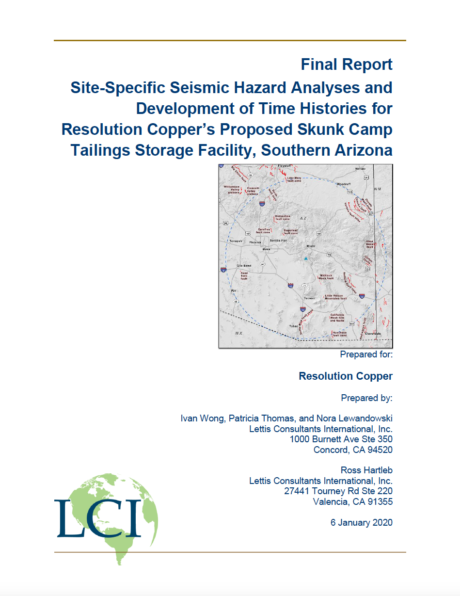 Thumbnail image of document cover: Site-Specific Hazard Analyses and Development of Time Histories for Resolution Copper's Proposed Skunk Camp Tailings Storage Facility, Southern Arizona