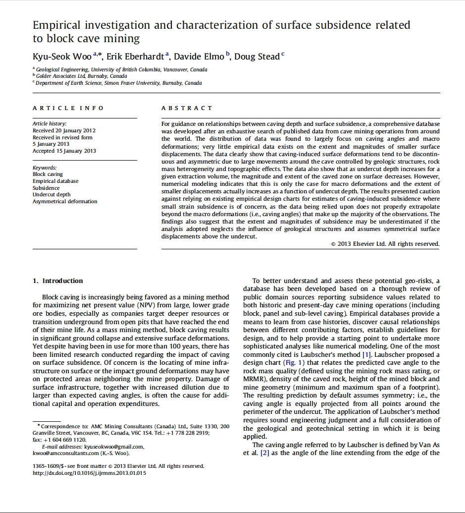 Thumbnail image of document cover: Empirical Investigation and Characterization of Surface Subsidence Related to Block Cave Mining