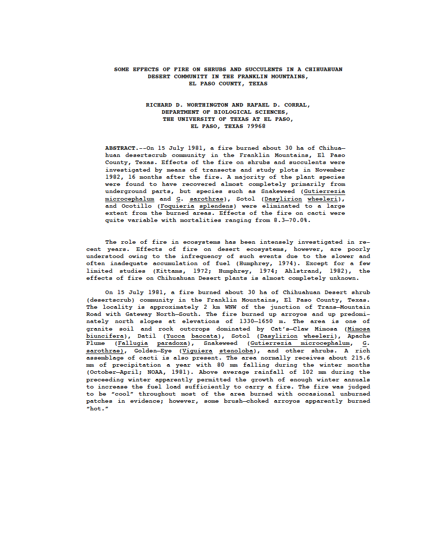 Thumbnail image of document cover: Some Effects of Fire on Shrubs and Succulents in a Chihuahuan Desert Community in the Franklin Mountains, El Paso County, Texas