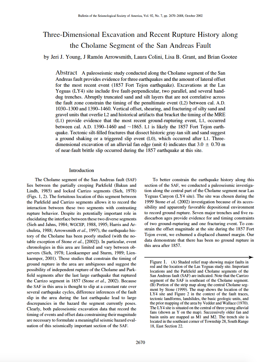 Thumbnail image of document cover: Three-Dimensional Excavation and Recent Rupture History along the Cholame Segment of the San Andreas Fault