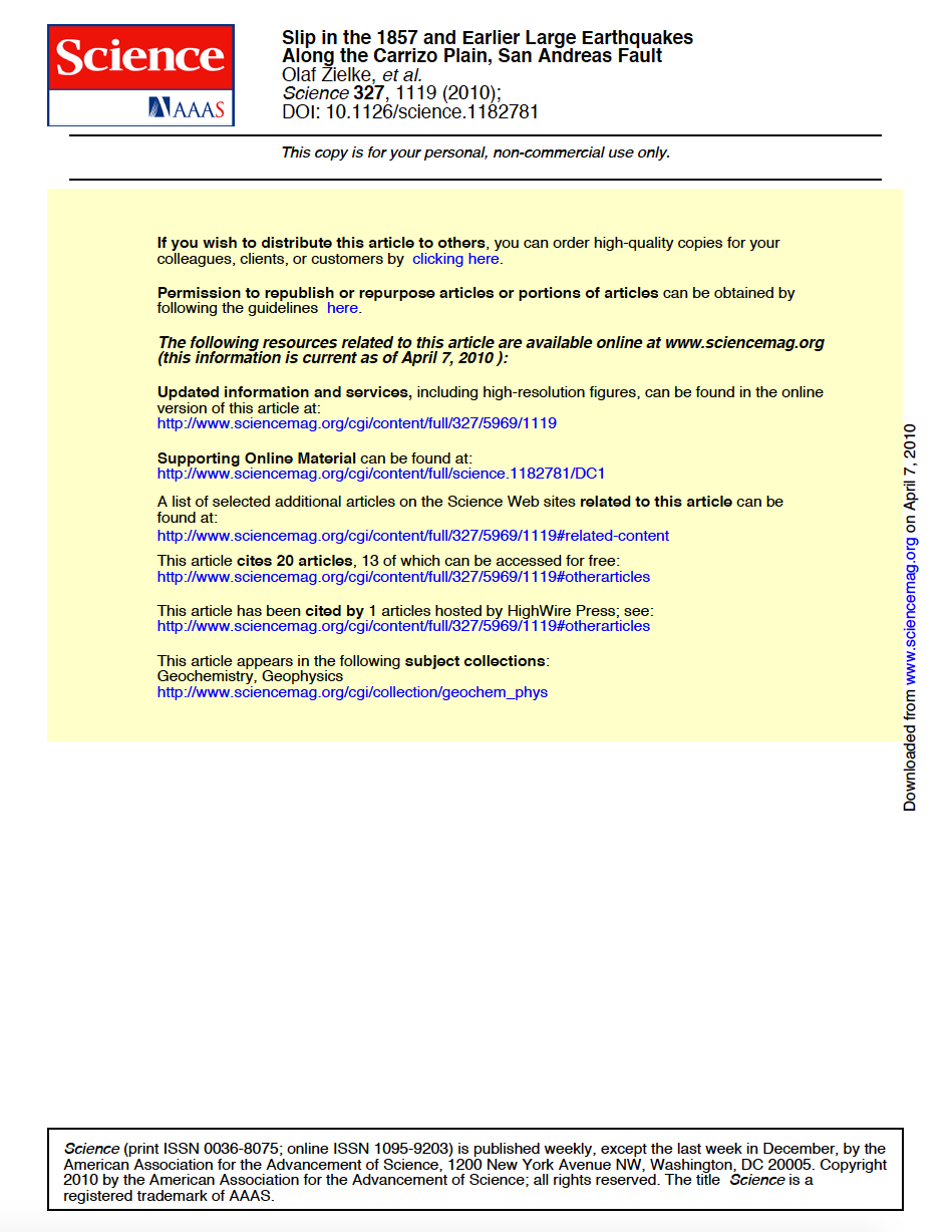 Thumbnail image of document cover: Slip in the 1857 and Earlier Large Earthquakes Along the Carrizo Plain, San Andreas Fault